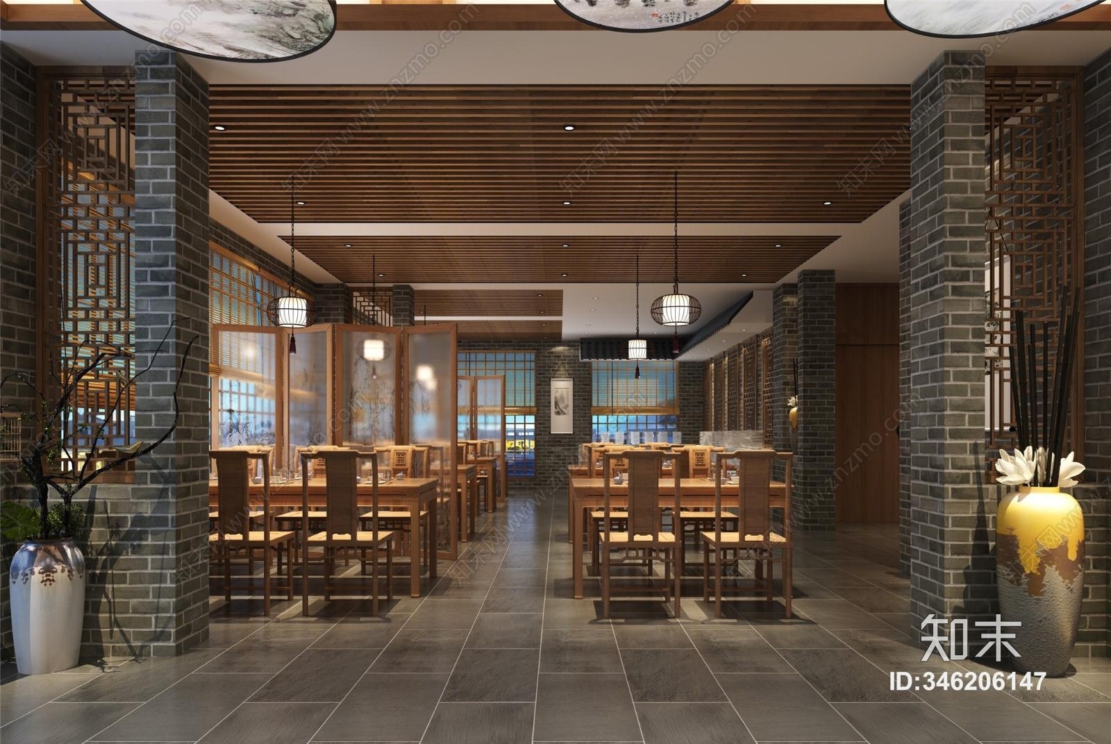 中式餐饮大厅3D模型下载【ID:346206147】