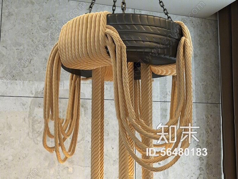 现代创意车轮麻绳吊灯3D模型下载【ID:56480183】
