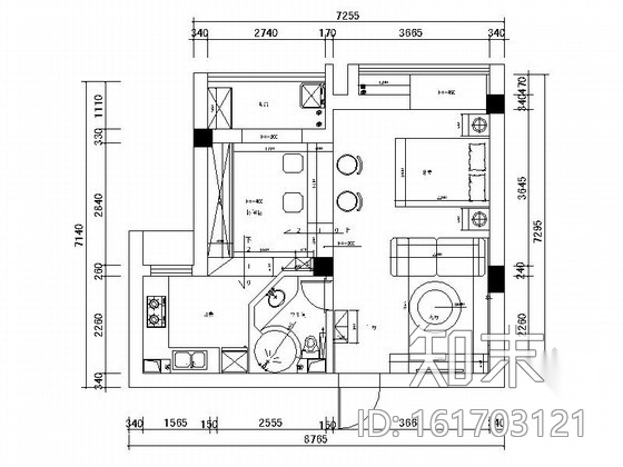 [湖北]超强收纳60平简欧风格一居室室内装修施工图施工图下载【ID:161703121】