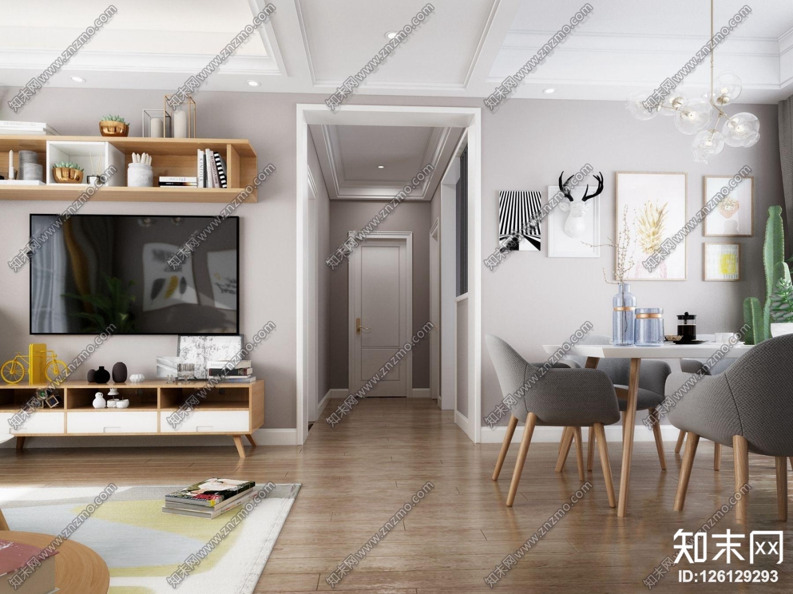 北欧客厅餐厅3D模型下载【ID:126129293】