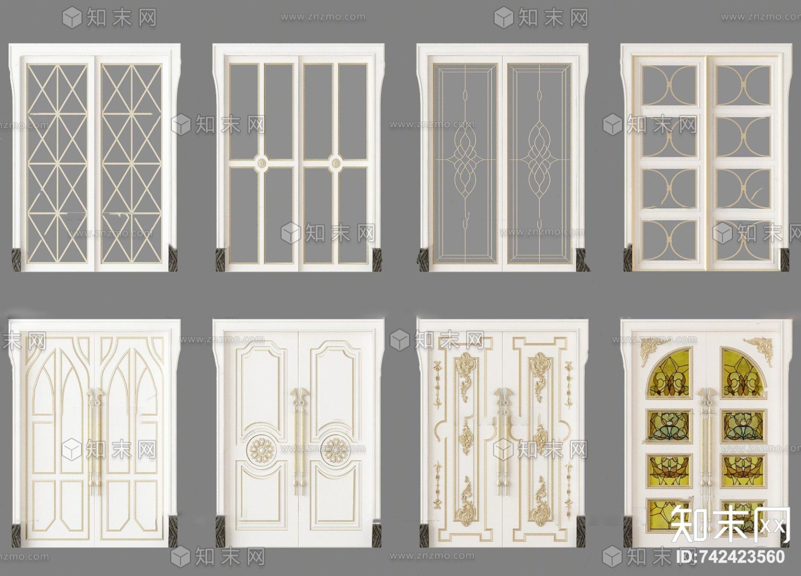 欧式雕花双开门玻璃门3D模型下载【ID:742423560】
