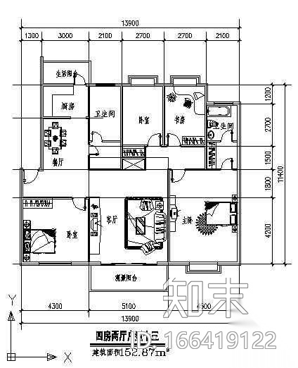 四室两厅户型图cad施工图下载【ID:166419122】