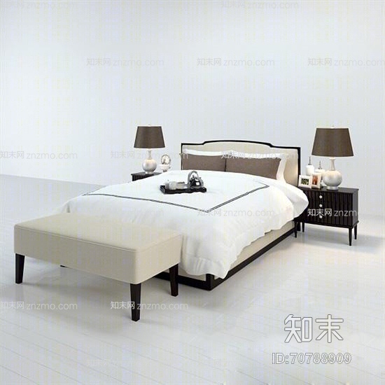 欧式简约米色布艺双人床3D模型下载【ID:70788909】