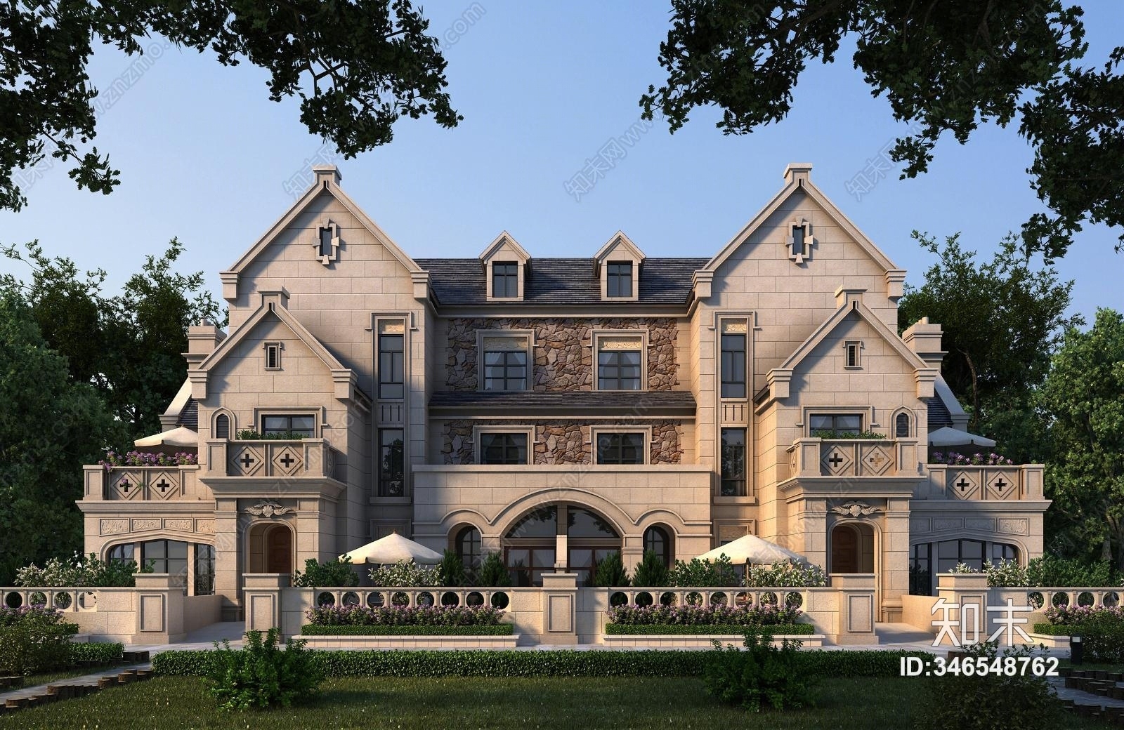 欧式古典别墅建筑3D模型下载【ID:346548762】