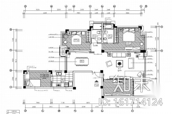 [福州]地区标志性大型豪宅区现代风格两居室装修图（含实...cad施工图下载【ID:161714124】