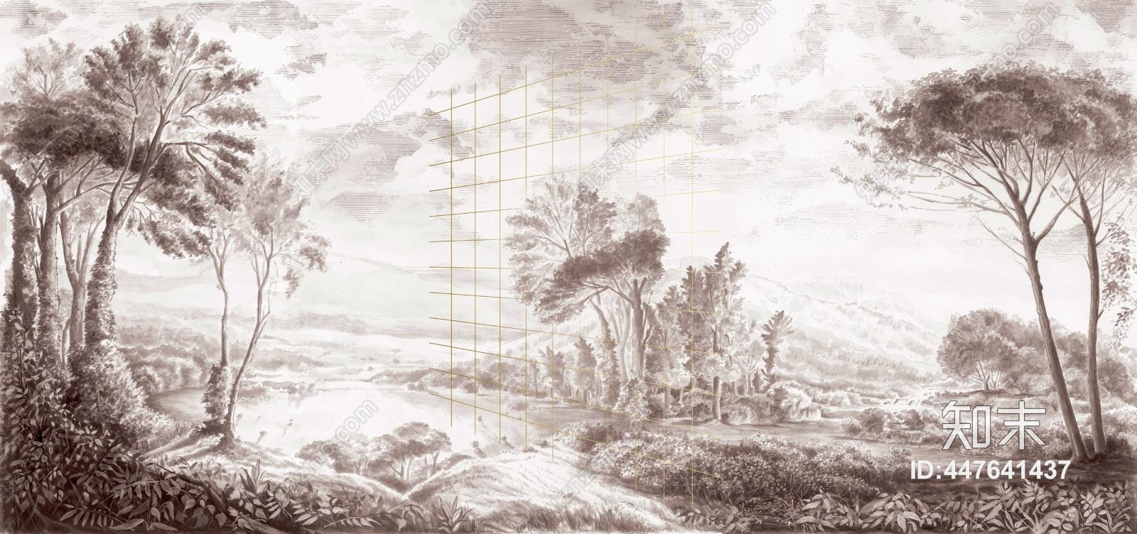 手绘风格灰白色调野外树木小草白云线条装饰壁纸壁画贴图下载【ID:447641437】