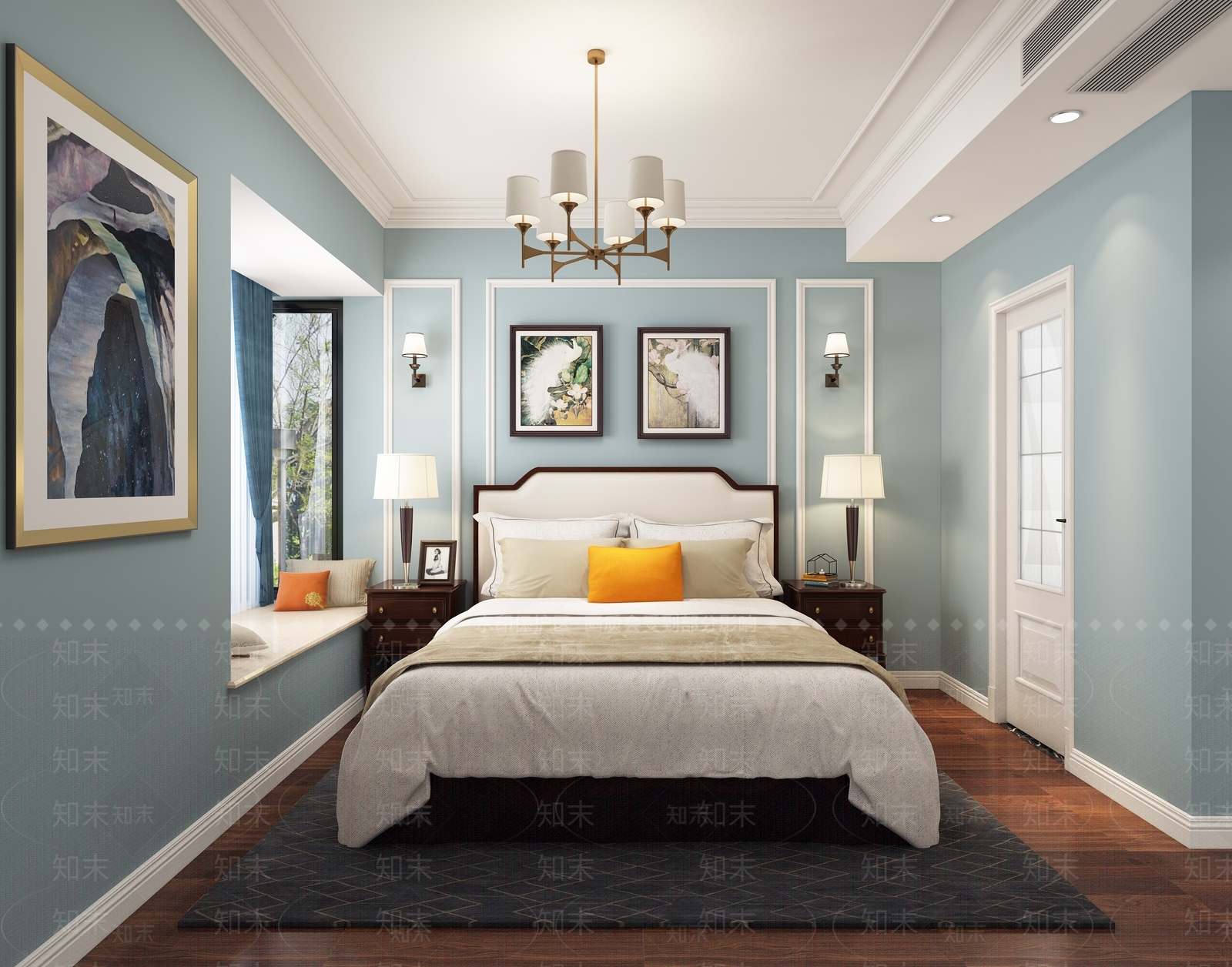 美式卧室双人床灯具挂画3D模型下载【ID:435244352】