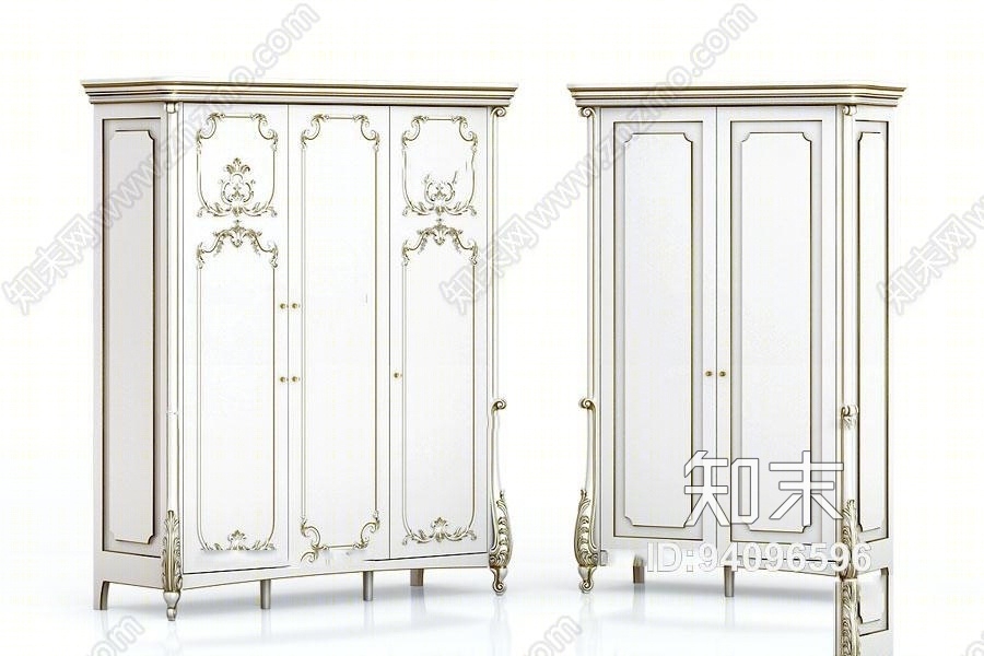 欧式实木白色雕花衣柜组合3D模型下载【ID:94096596】