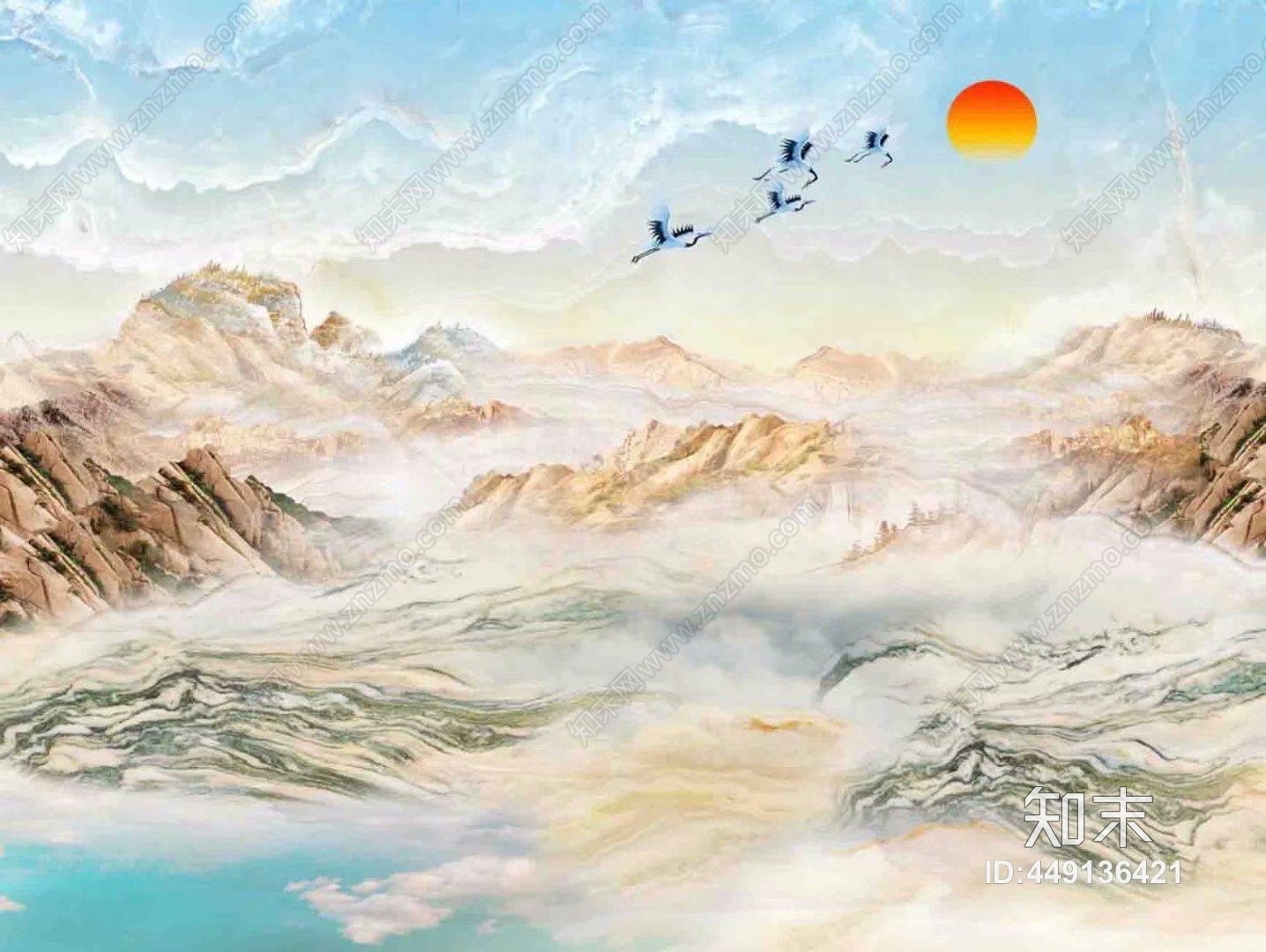 山水图纹彩雕背景墙大理石贴图下载【ID:449136421】