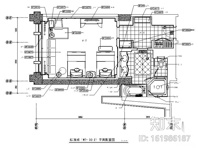 [北京]某知名酒店标准双床间室内装修图cad施工图下载【ID:161986187】