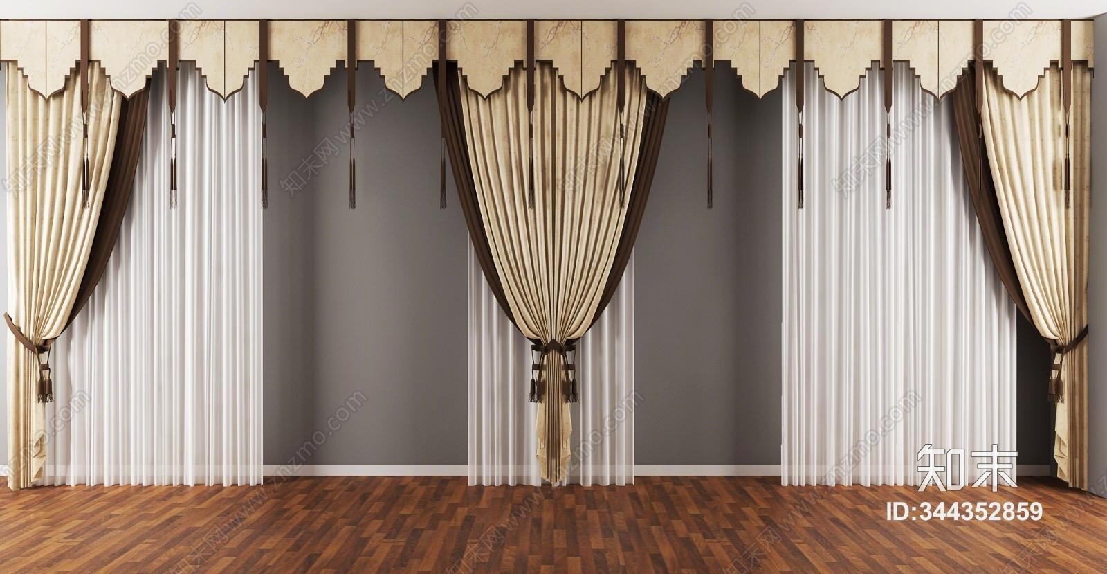新中式窗帘模型3D模型下载【ID:344352859】