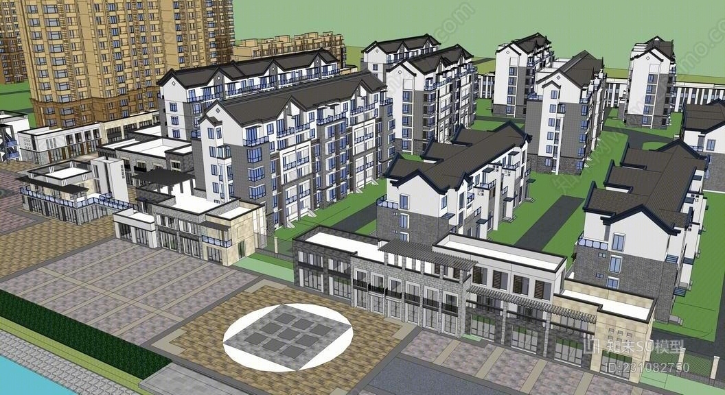 中式小区+中式商业街+新古典高层住宅SU模型下载【ID:231082750】