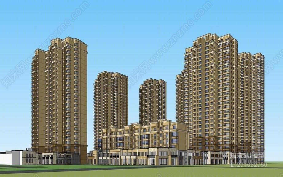 中式小区+中式商业街+新古典高层住宅SU模型下载【ID:231082750】