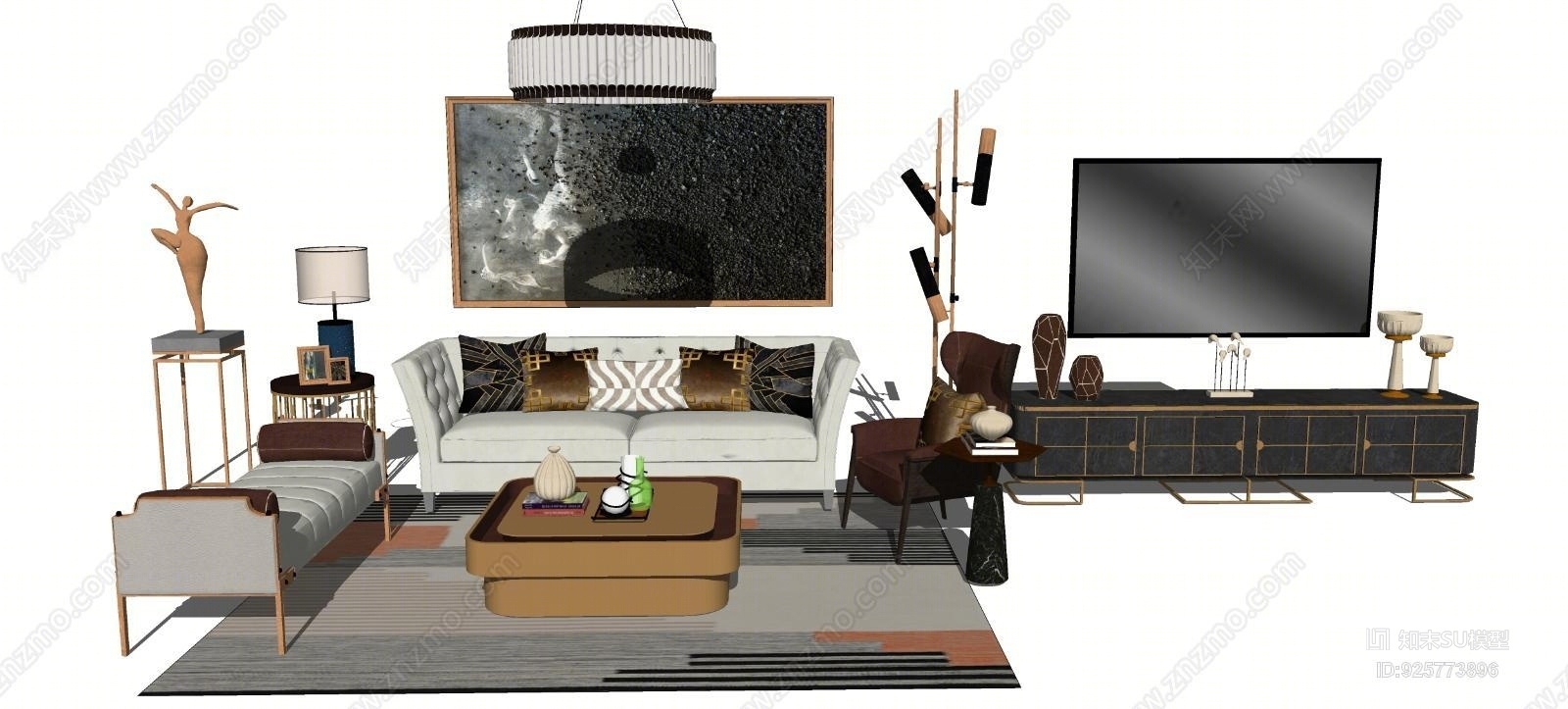 现代轻奢客厅沙发茶几电视柜组合SU模型下载【ID:925773896】