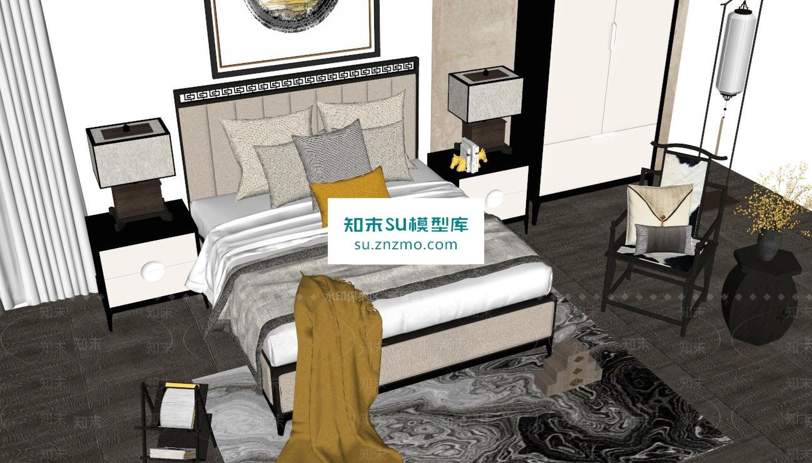 新中式床SU模型下载【ID:162386160】