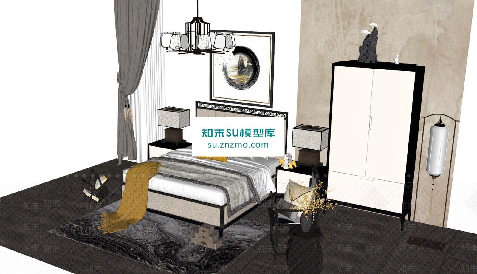新中式床SU模型下载【ID:162386160】