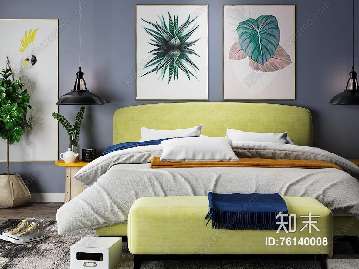 现代布艺双人床脚踏装饰画吊灯组合3D模型下载【ID:76140008】