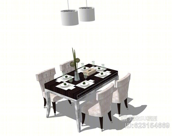 方餐桌餐具吊灯组合SU模型下载【ID:623154669】