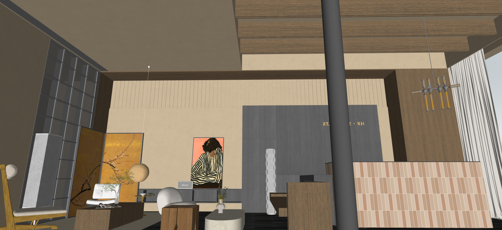 现代挑空客厅SU模型下载【ID:1222162808】