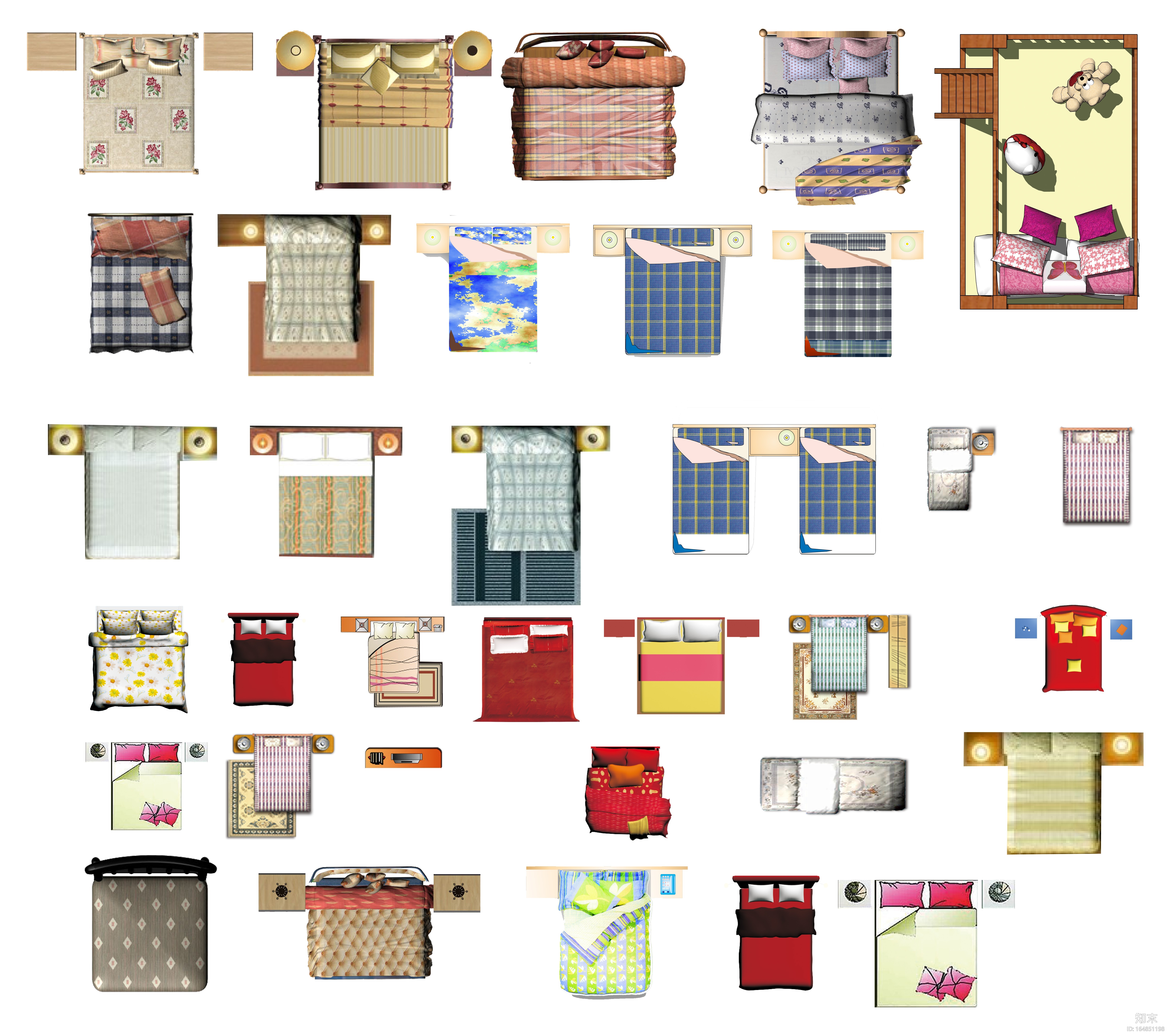 室内设计常用PSD彩色平面图块—床PSD图块cad施工图下载【ID:164851198】