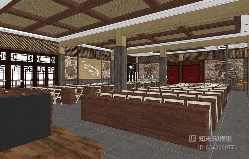 鱼庄多功能室会议室室内设计SU模型下载【ID:634320077】