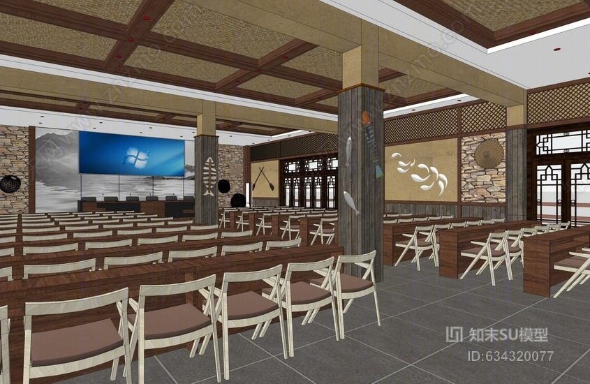 鱼庄多功能室会议室室内设计SU模型下载【ID:634320077】