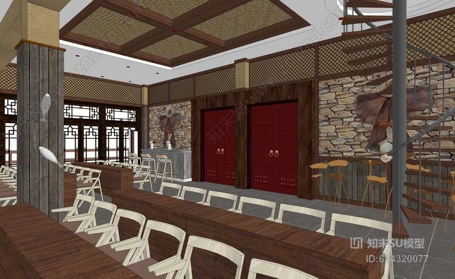 鱼庄多功能室会议室室内设计SU模型下载【ID:634320077】