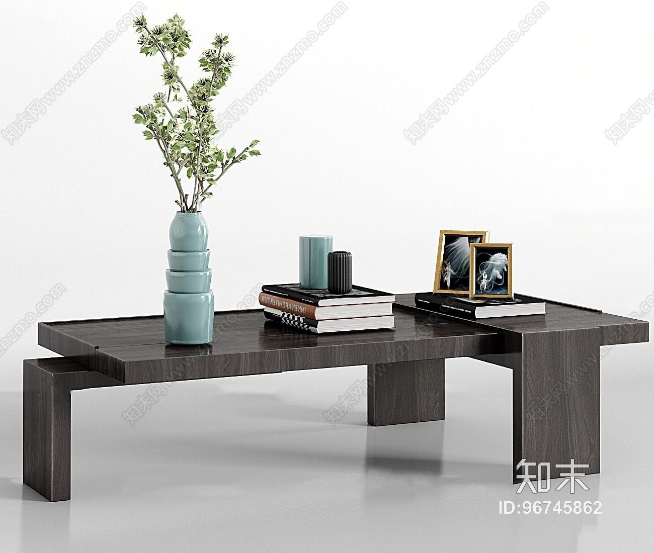 现代实木茶几饰品组合3D模型下载【ID:96745862】