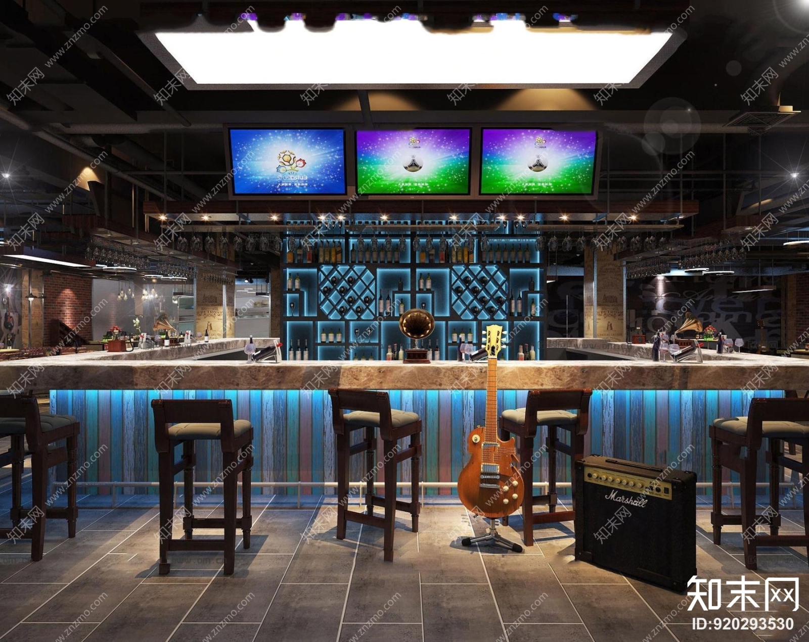 工业风餐厅酒吧台组合3D模型下载【ID:920293530】