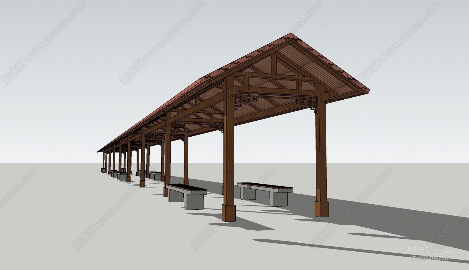 新中式琉璃瓦防腐木廊架SU模型下载【ID:446106726】
