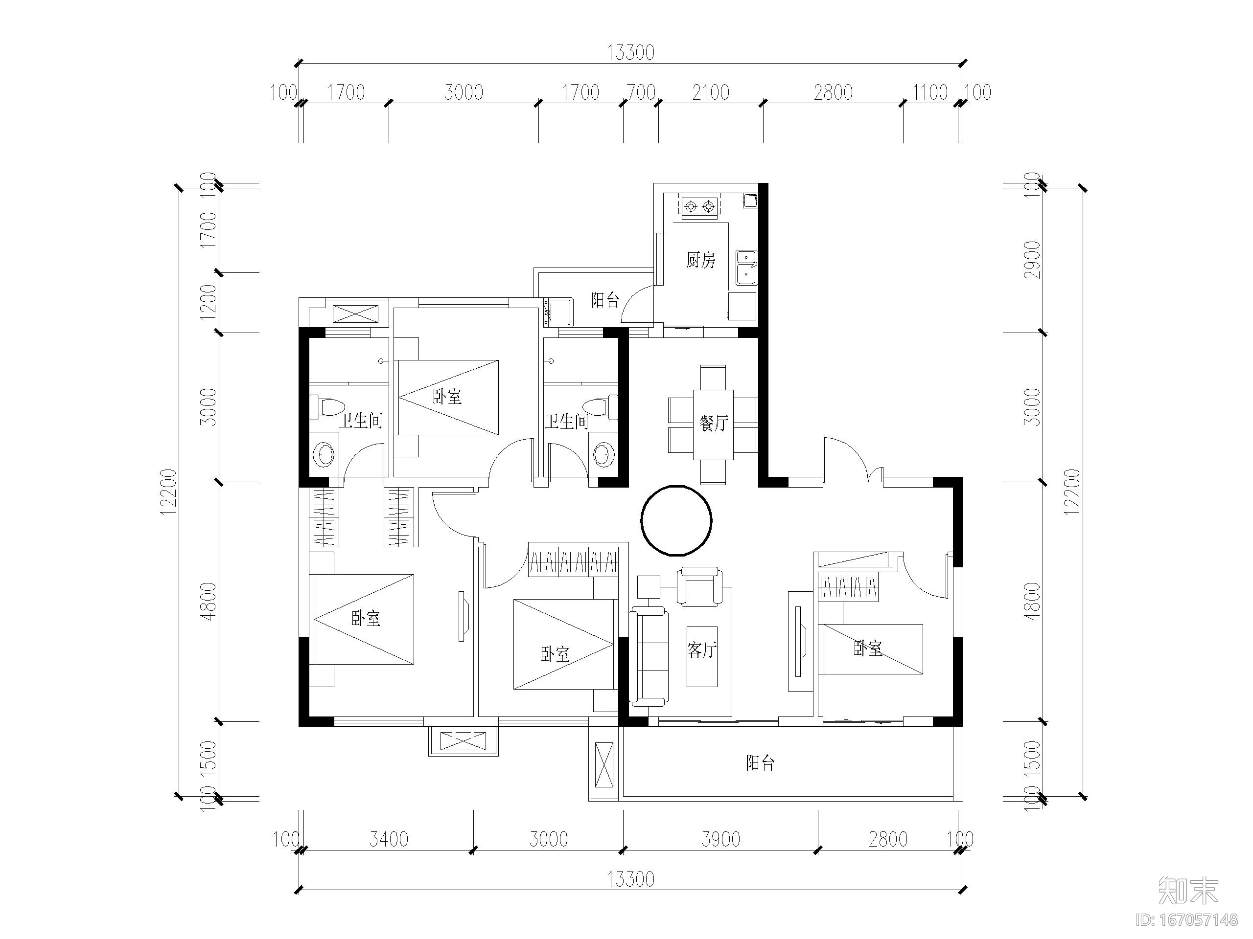 高层住宅3梯7户全三房刚需户型设计（2020）cad施工图下载【ID:167057148】