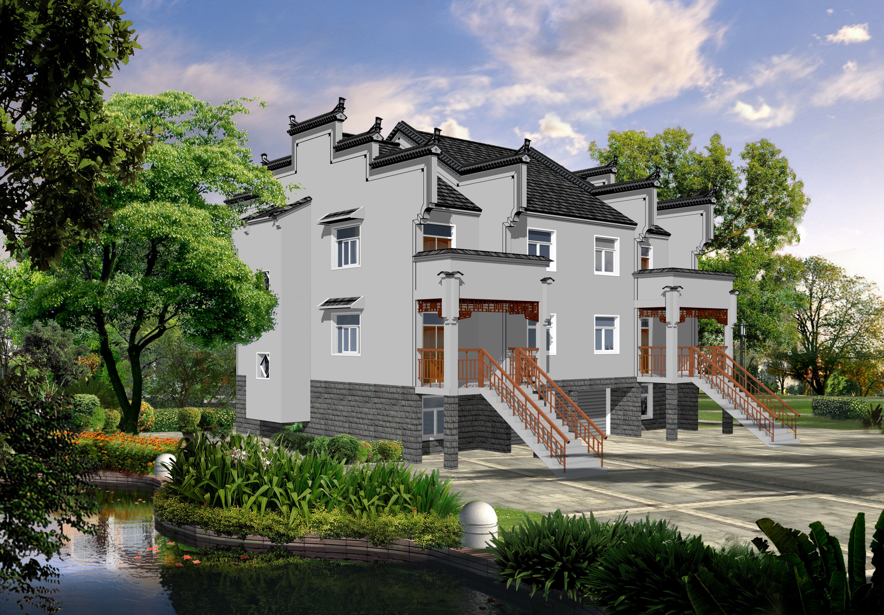 皖南农村二户并联式小康住宅建筑施工图（带效果图）cad施工图下载【ID:166702138】