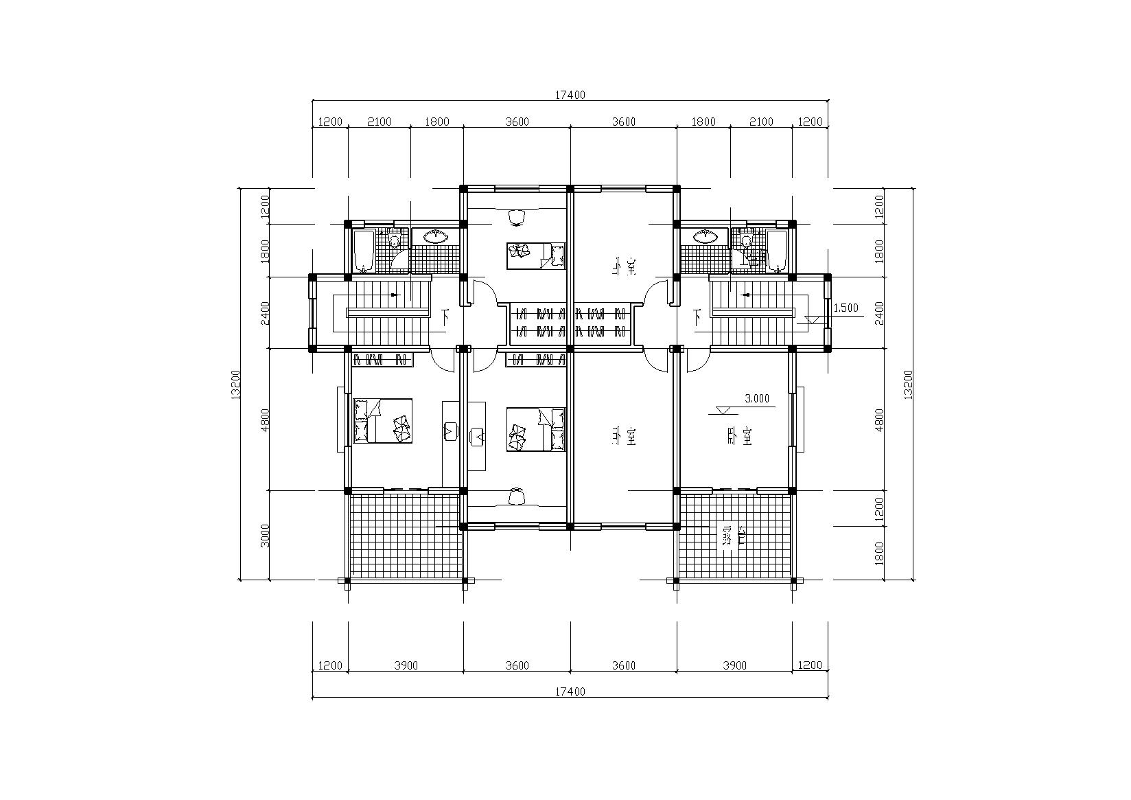 皖南农村二户并联式小康住宅建筑施工图（带效果图）cad施工图下载【ID:166702138】