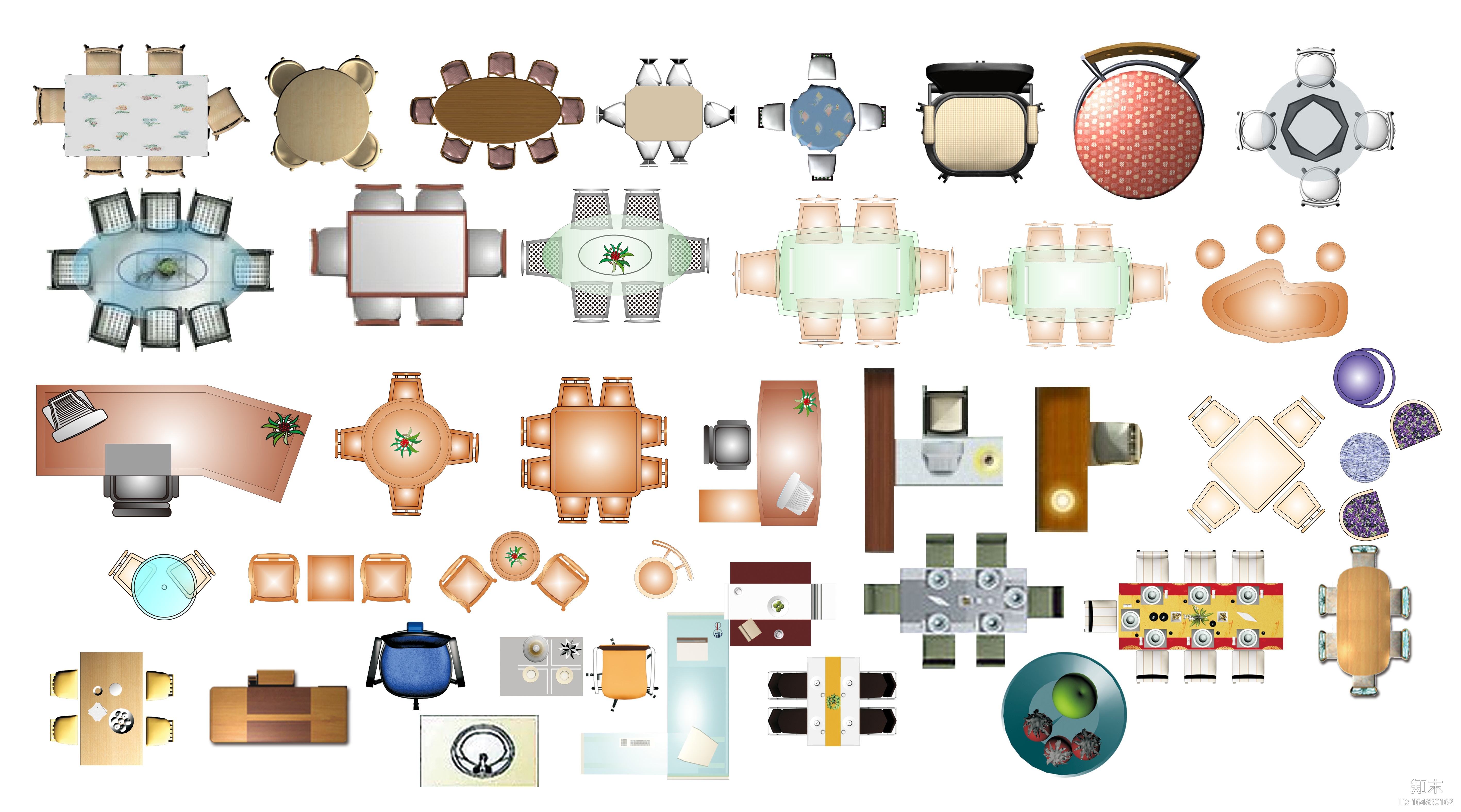 室内设计常用PSD彩色平面图块—桌椅类PSD图块施工图下载【ID:164850162】