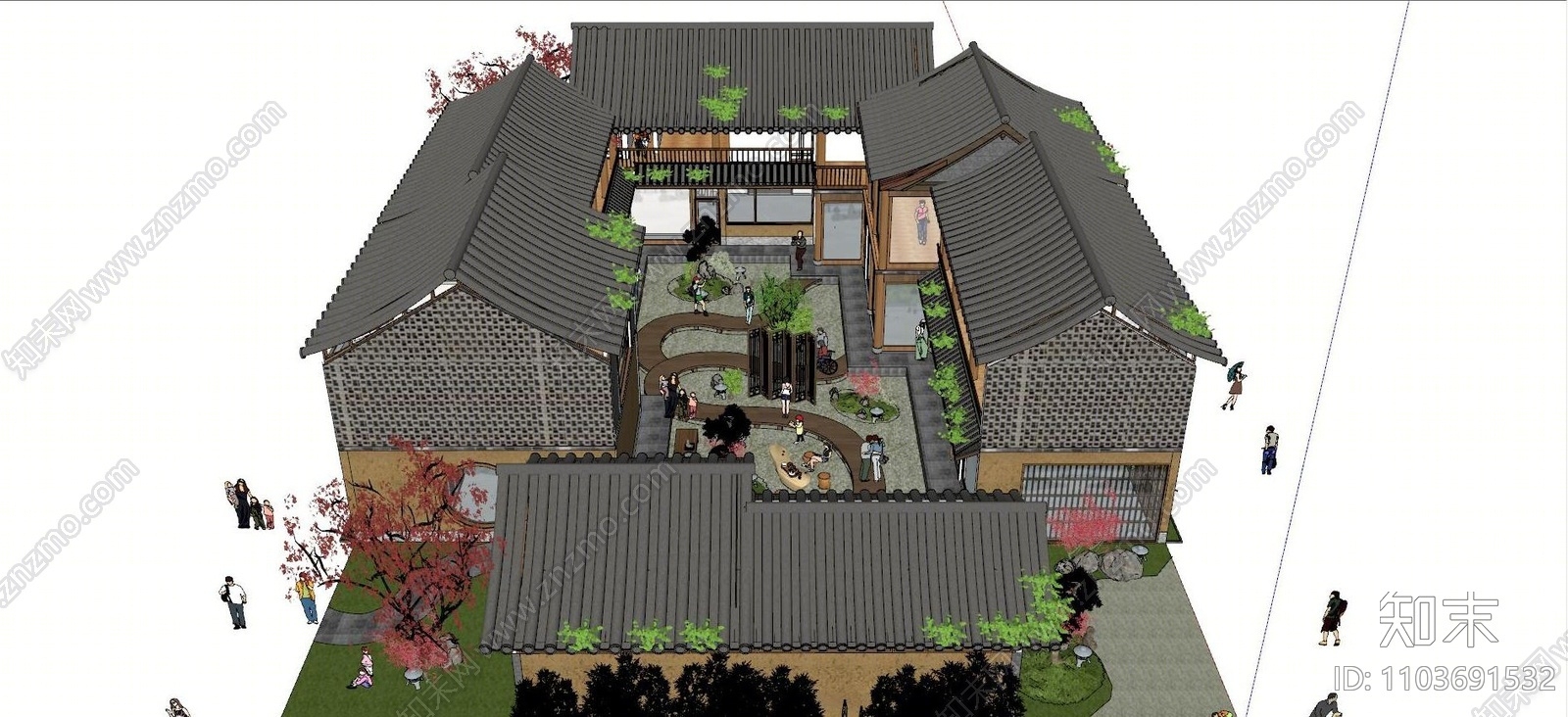 新中式四合院农庄农家乐田野民宿SU模型下载【ID:1103691532】