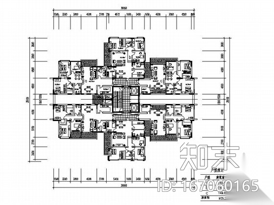 某高层住宅二梯六户型平面图（150、160平方米）施工图下载【ID:167060165】