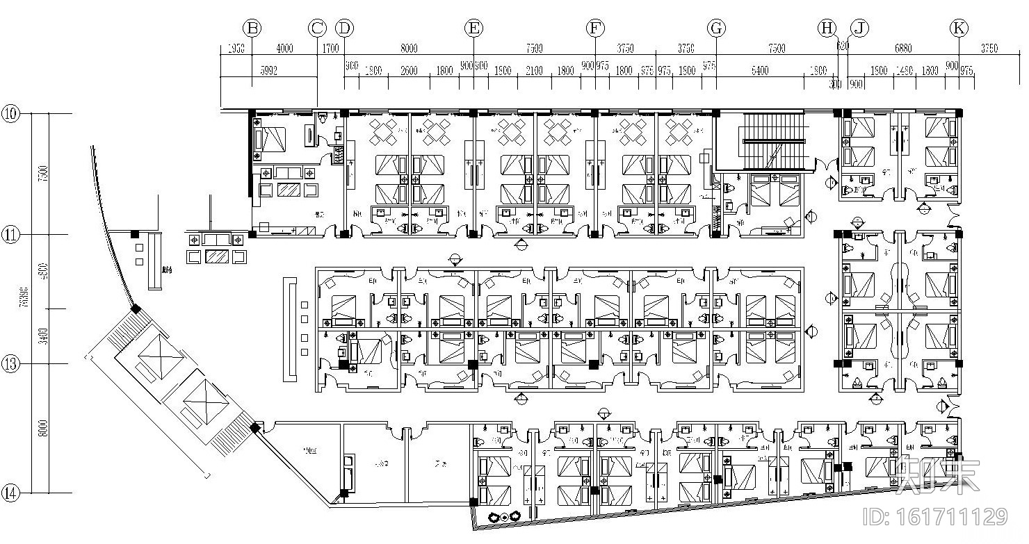 [陕西]咸阳某酒店客房楼层平面布置图cad施工图下载【ID:161711129】