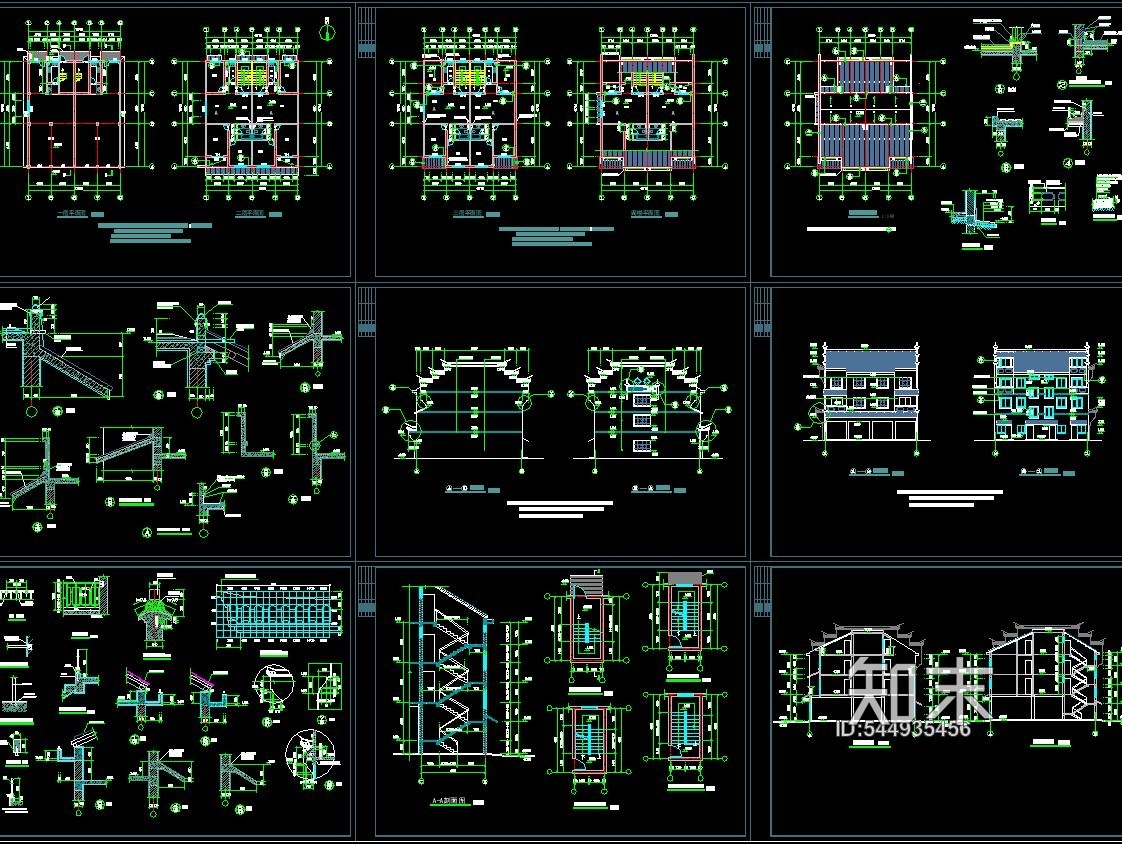 徽派三层民居建筑CAD施工图施工图下载【ID:544935456】