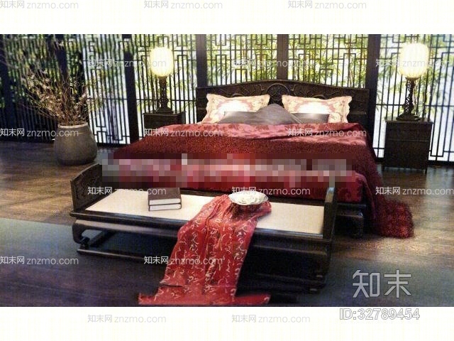 新中式木艺床具组合3D模型下载【ID:32789454】