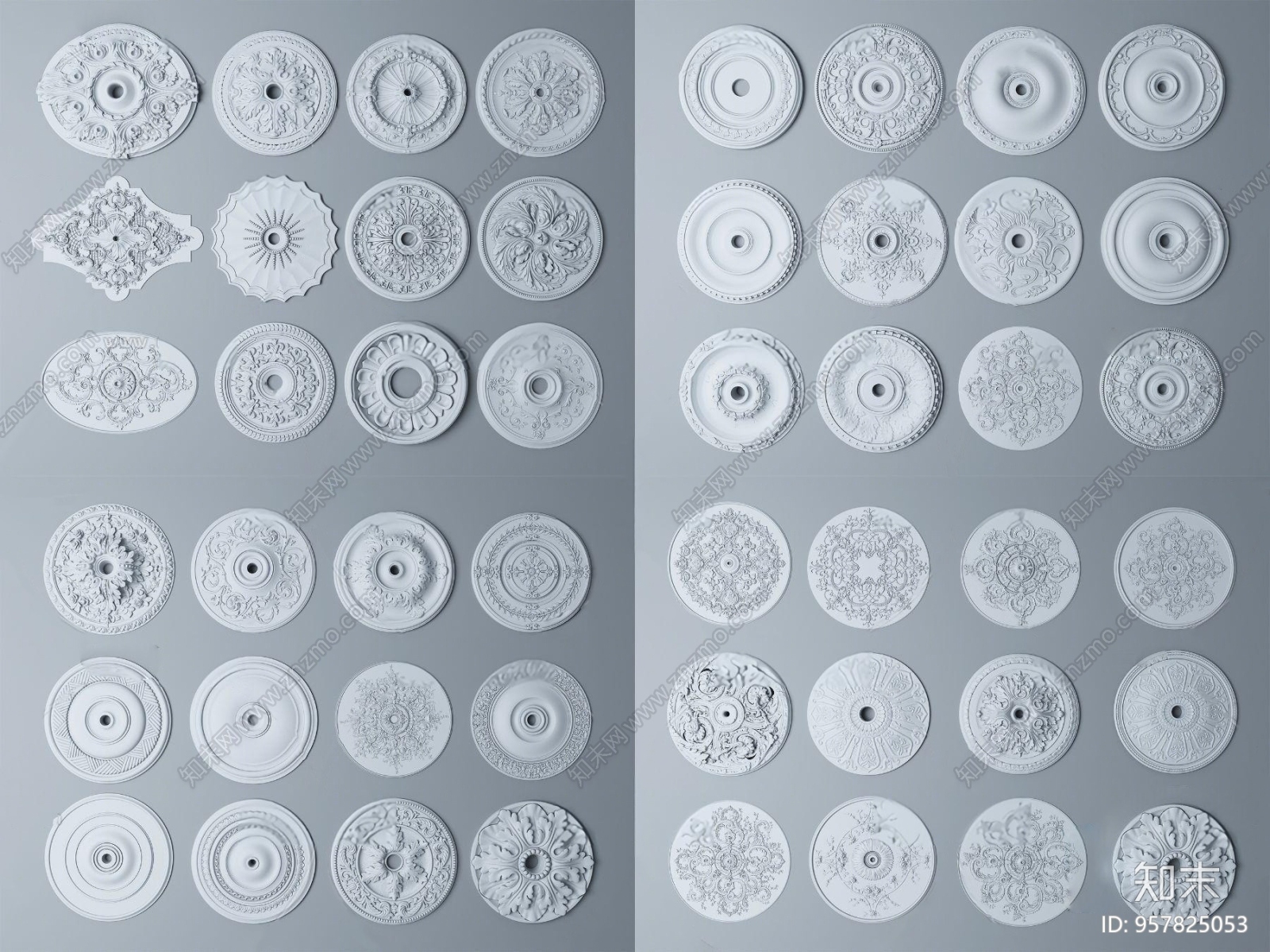 欧式古典石膏圆盘雕花构件3D模型下载【ID:957825053】