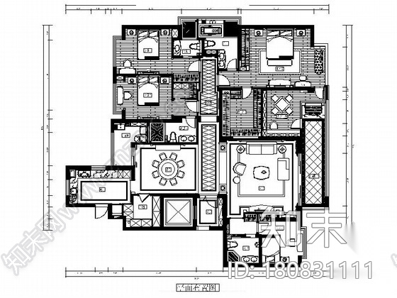 [四川]海景洋房欧式五居室样板房CAD施工图（含效果）cad施工图下载【ID:180831111】