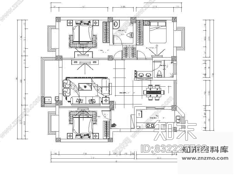 图块/节点现代四室二厅平面图cad施工图下载【ID:832227762】