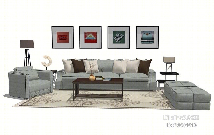 现代客厅沙发茶几落地灯组合SU模型下载【ID:722001618】