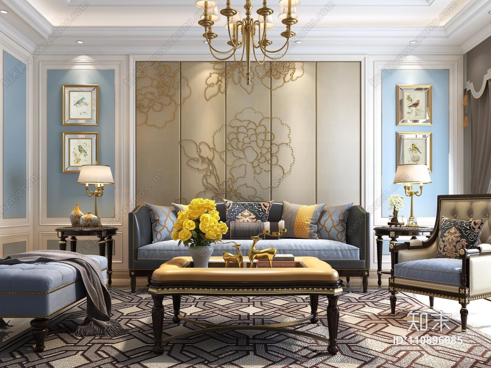 欧式古典客厅沙发茶几组合3D模型下载【ID:110896085】