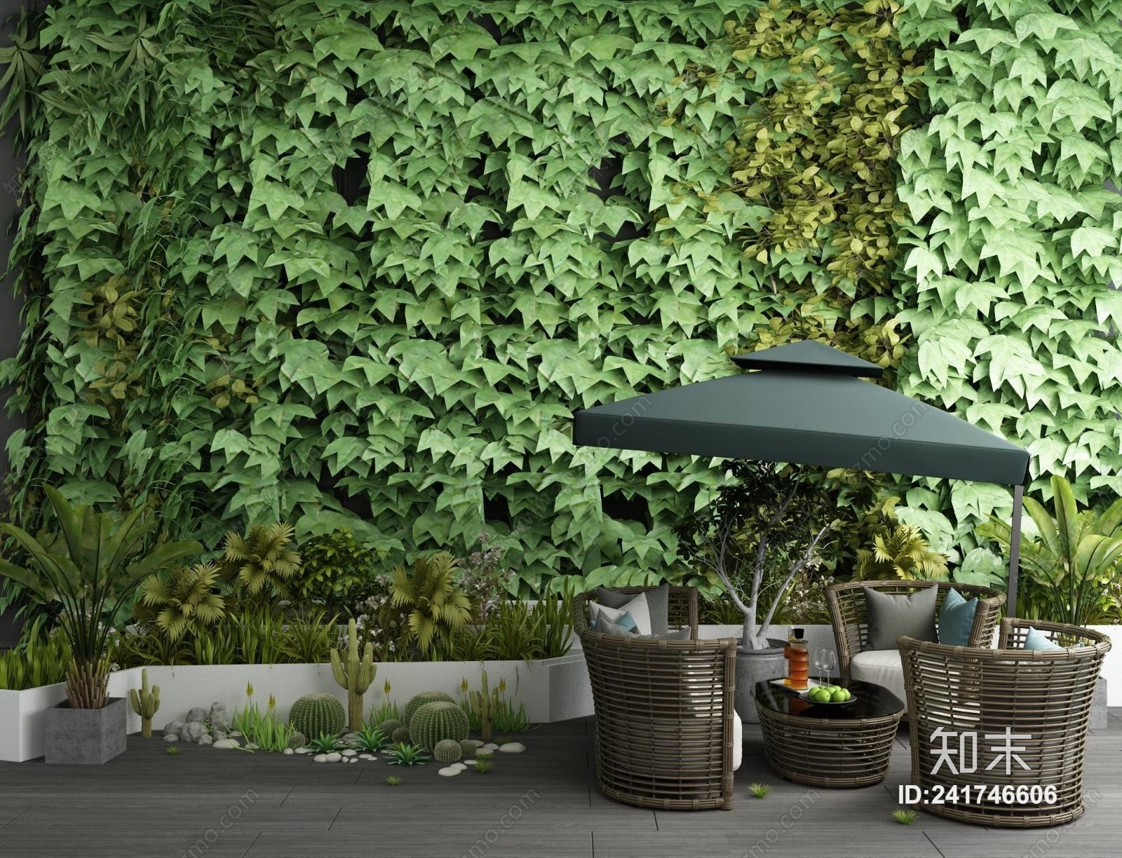 现代绿植背景墙盆栽户外藤编休闲桌椅组合3D模型下载【ID:241746606】