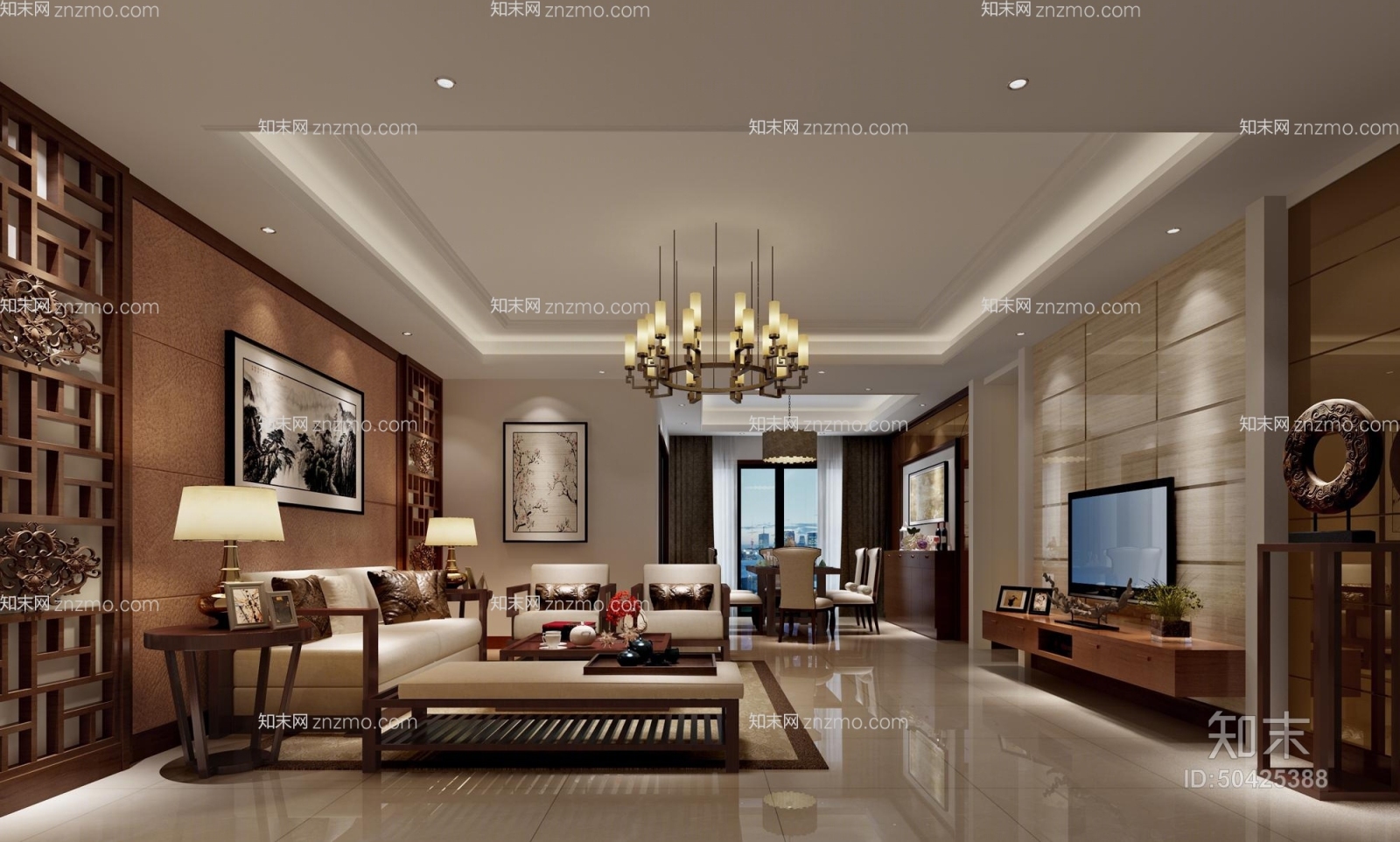 新中式吊灯3D模型下载【ID:50425388】