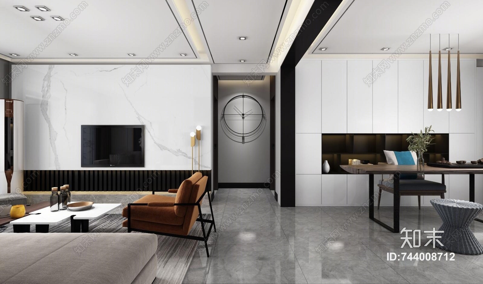 现代黑白灰客厅餐厅模型3D模型下载【ID:744008712】