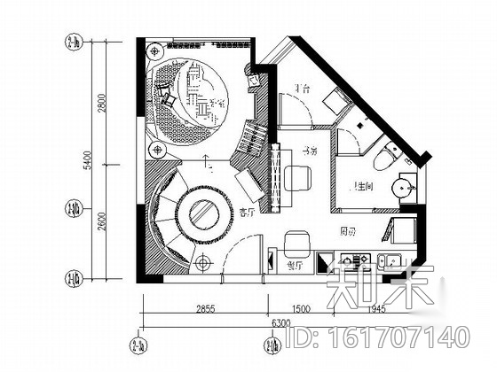 [深圳]时尚现代一居室样板间H户型装修施工图（含效果）施工图下载【ID:161707140】