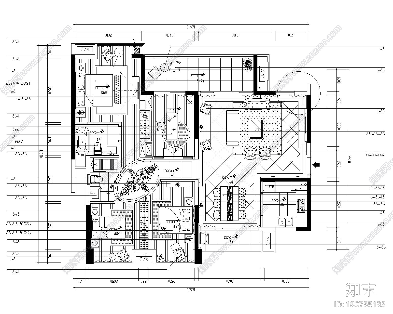 欧式风格样板房室内装修设计（附效果图）cad施工图下载【ID:180755133】