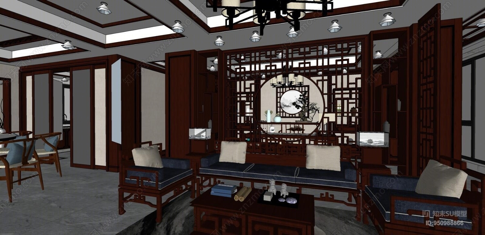 中式风格家居客厅SU模型下载【ID:950988866】_知末su模型网